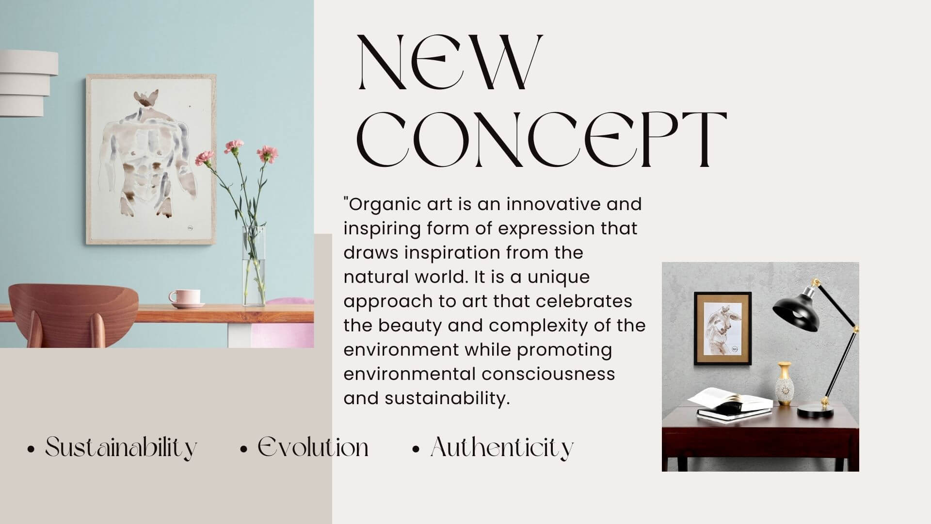 mixed media art made from homemade wild berry ink framed and displayed in trendy modern rooms with the title New Concept explaining how organic art is innovative and inspiring form of expression.