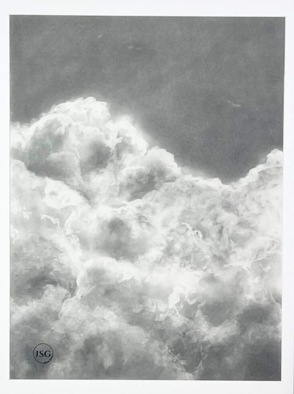 charcoal drawing framed at 21" x 29". This serene artwork captures the soft, airy beauty of drifting clouds, adding a touch of calm and elegance to any space.