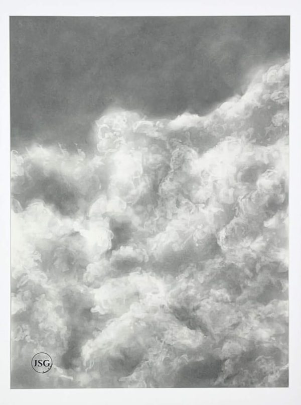 charcoal drawing framed at 21" x 29". This serene artwork captures the soft, airy beauty of drifting clouds, adding a touch of calm and elegance to any space.