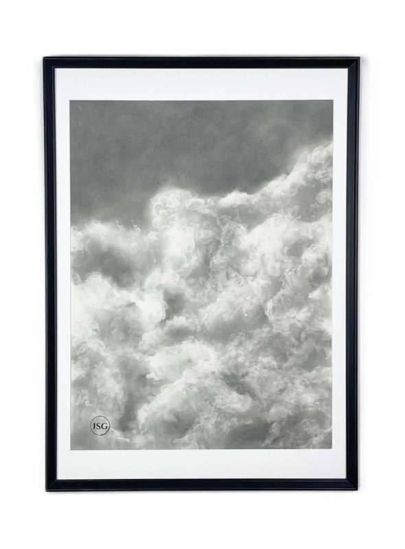 charcoal drawing framed at 21" x 29". This serene artwork captures the soft, airy beauty of drifting clouds, adding a touch of calm and elegance to any space.